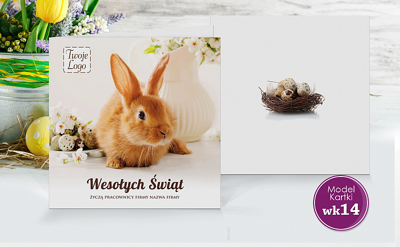 Kartki wielkanocne biznesowe z logo z królikiem - model wk 14