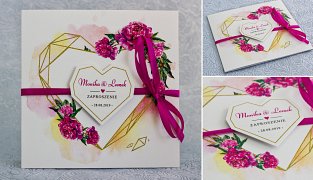 Zaproszenia ślubne kwadratowe ze wstążką różowe kwiaty - Rustykalne Model Ws1