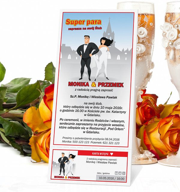Zaproszenia Ślubne w formie Biletu z personalizacją - model 8 - super Para Zaproszenia Ślubne w formie Biletów - model 8