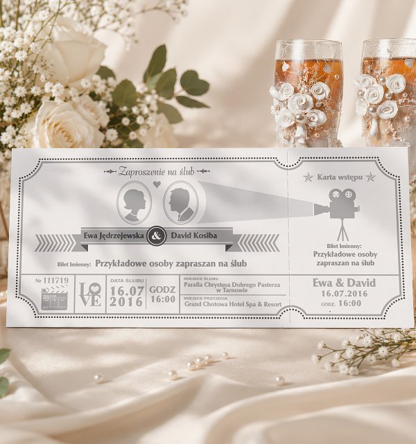 Zaproszenia Ślubne w formie Biletów z personalizacją - model 12 - filmowe - kino Zaproszenia Ślubne w formie Biletów - model 12