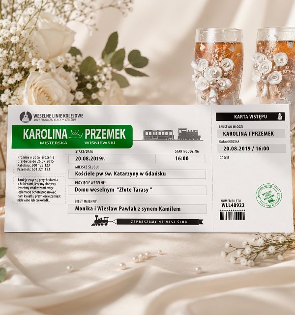 Zaproszenia Ślubne w formie Biletów z personalizacją - model 13 - z pociągiem - kolejowe - bilet kolejowy Zaproszenia Ślubne w formie Biletów - model 13 - bilet kolejowy