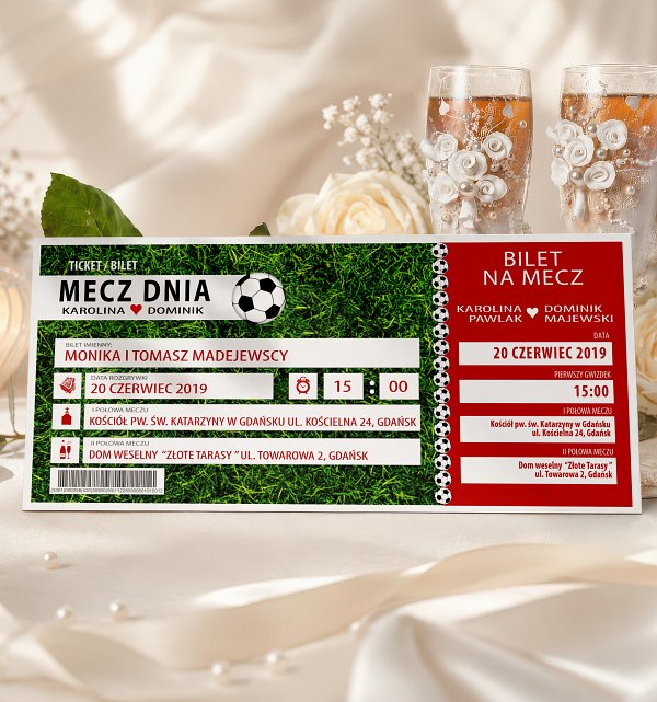Zaproszenia Ślubne w formie Biletów z personalizacją - model 14 - piłkarskie - z piłka - piłka nożna - bilet na mecz Zaproszenia Ślubne w formie Biletów - model 14 - bilet na mecz