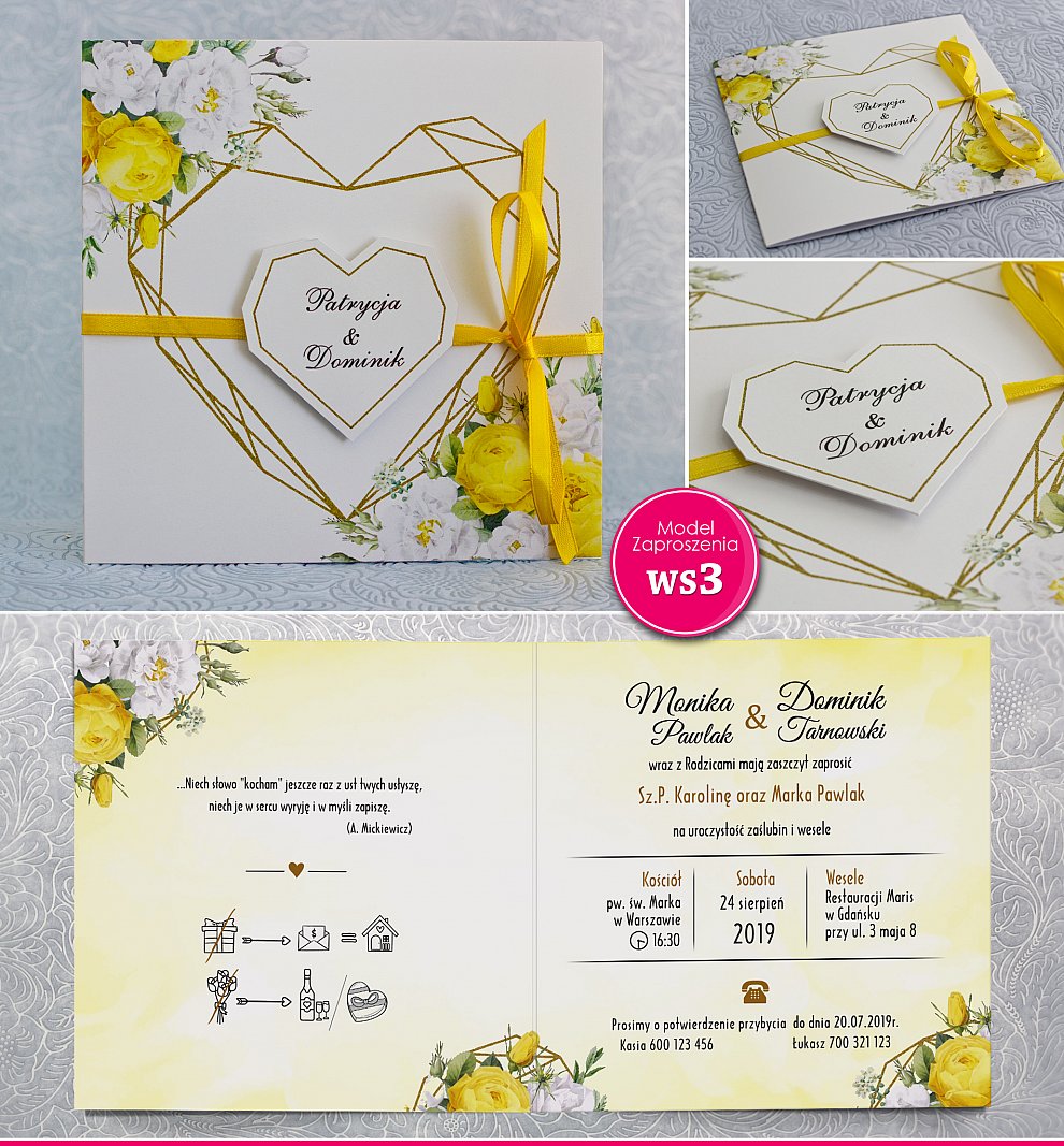 Zaproszenia ślubne kwadratowe ze wstążką - Rustykalne żółte róże -  Model Ws3